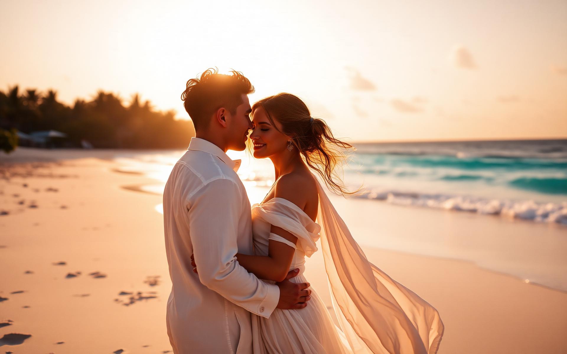 Couple embracing on a golden hour beach
